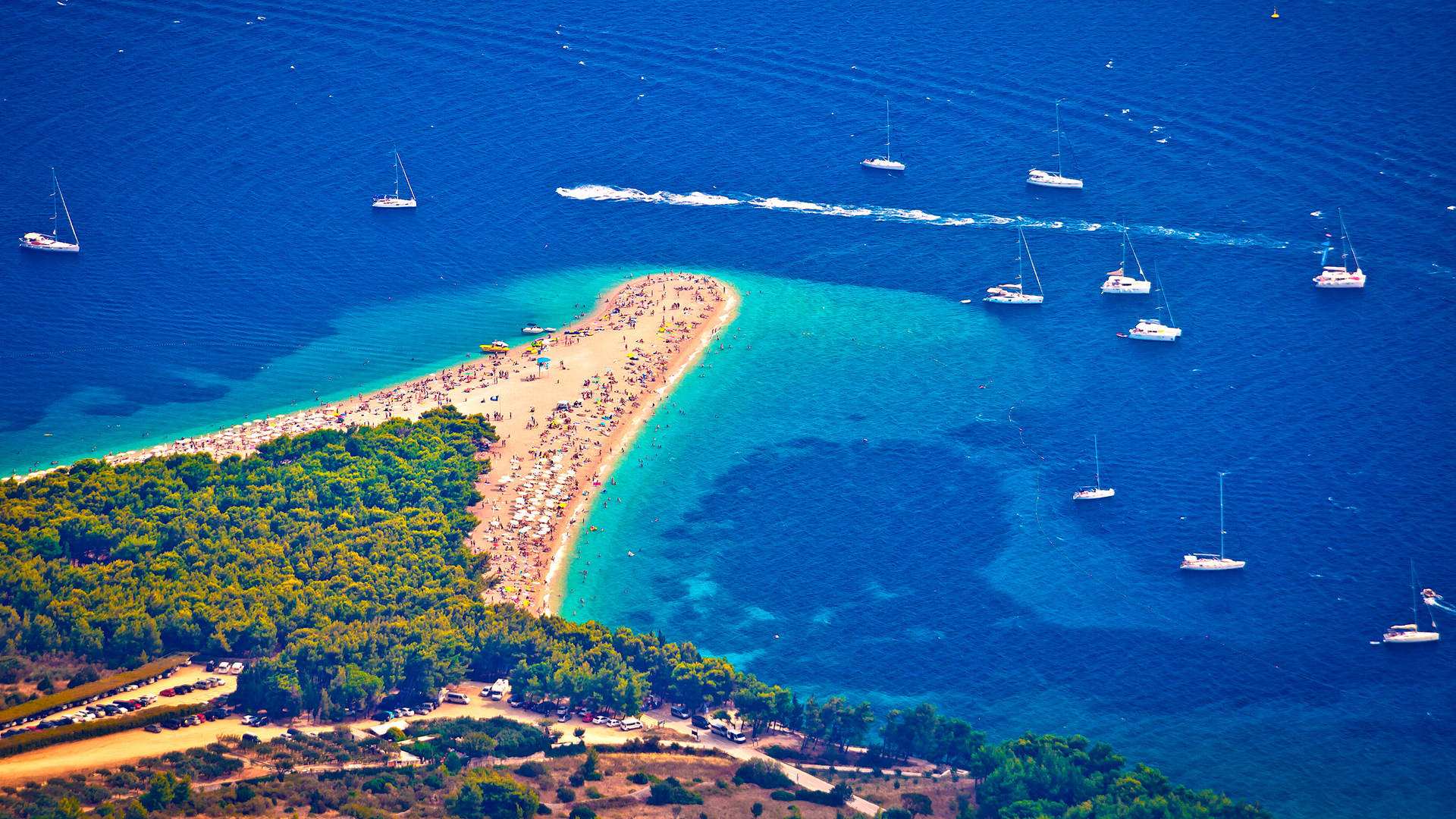 The world-famous Zlatni Rat beach in the resort of Bol, Island Brač, Croatia